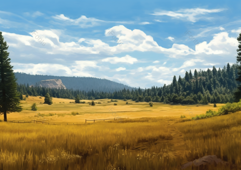 秋天黄色草原平原树林远处高山全景萧瑟风景油画,插画/手绘图,插画/手绘图库,插画/手绘图下载,插画/手绘